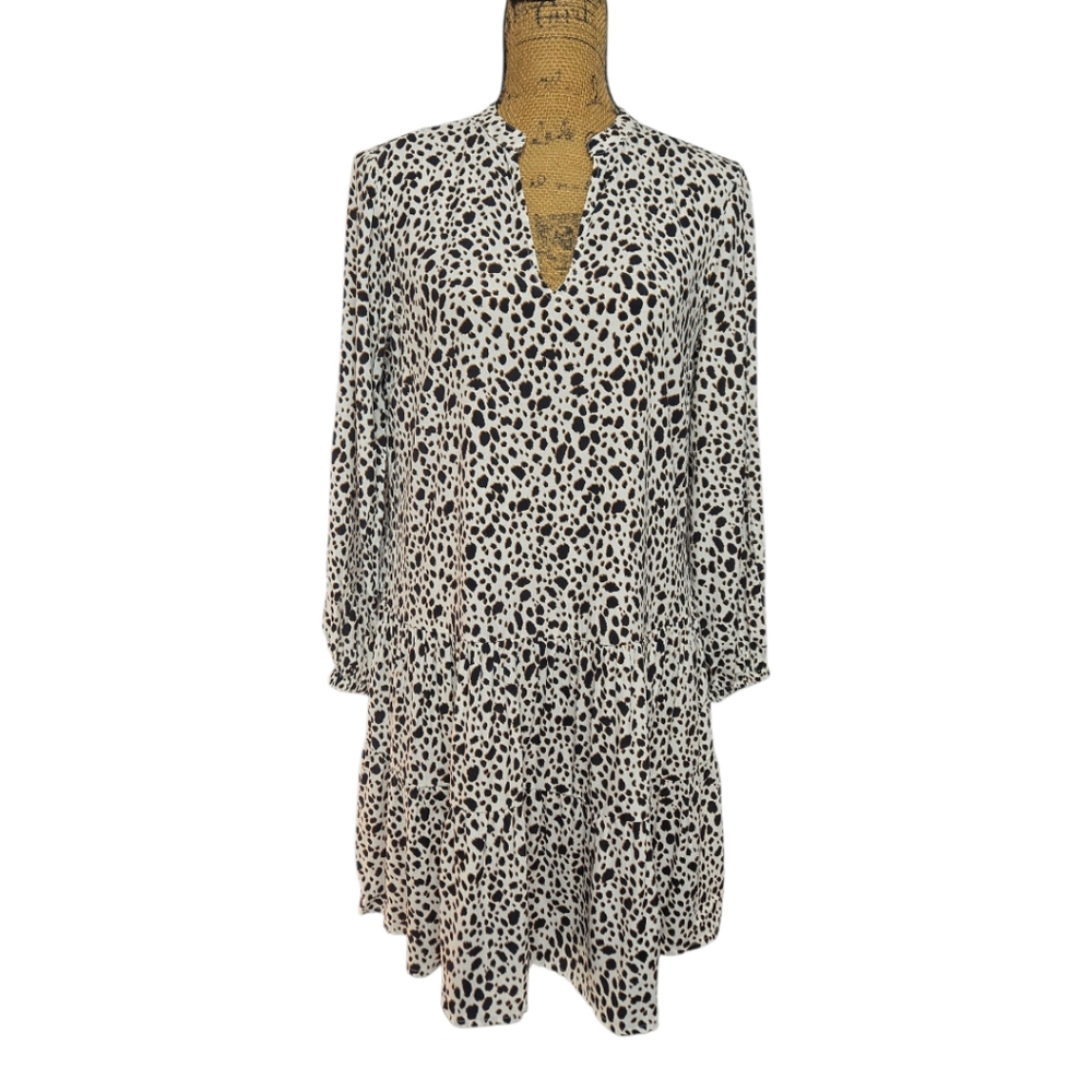 GAP Long Sleeve V-Neck Tiered Leopard Print Dress Sz Small White